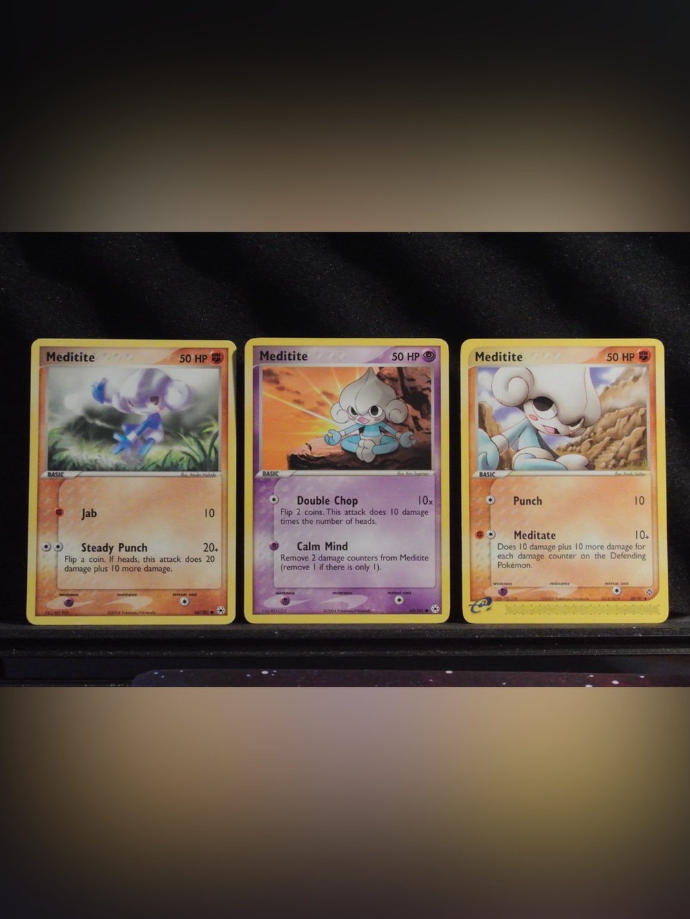 Pokemon Meditite Trading Card Trio - Purple and Yellow Accents